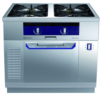Modular Cooking Range Line thermaline 90 - 4-Burner Gas Top with Ecoflam on Passthrough Static Gas Oven, 2 Sides, H=700 (Town G (Code 593347)
