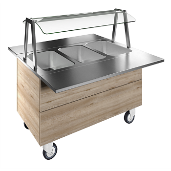 BAIN-MARIE, WATER, THREE WELLS, 3GN+WHEELS H=750MM OVERSHELF W/LED LIGHTS (CODE 322052)